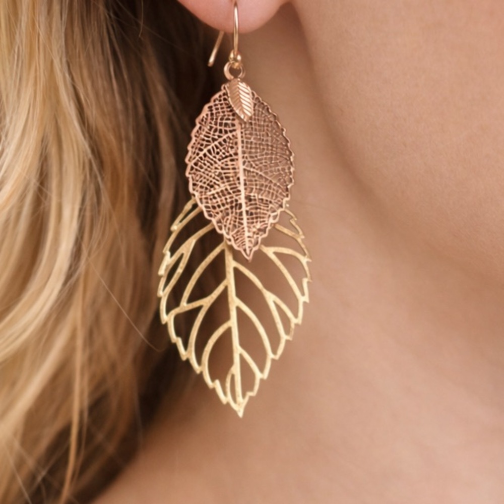 Express Rose Gold and Gold Layered Leaf Dangle Earrings (BR555( - Picture 1 of 7